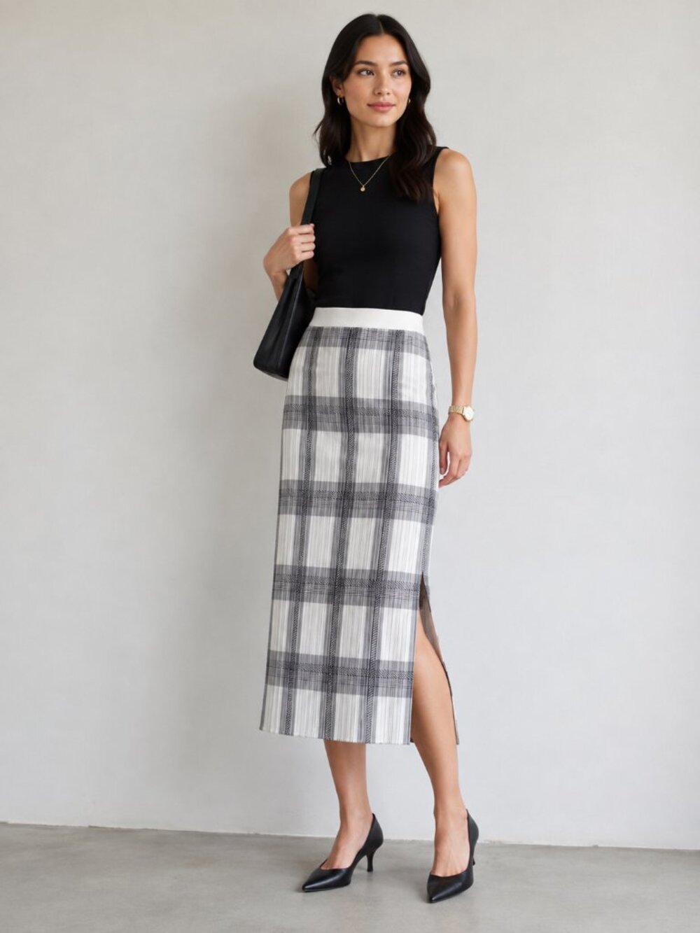 Helmut Lang Black & White Plaid Midi Skirt